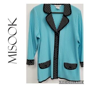 Polka Dot Trim Cardigan Knit Misook Size large Teal Black